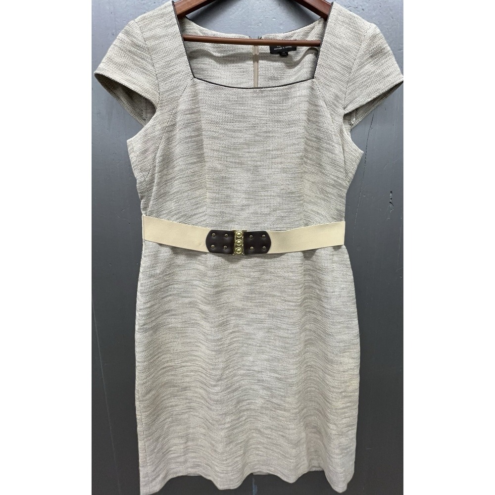 Tahari Dress 14 Brown Beige Belted Short Sleeve Square Neck Preppy Career Casual